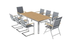 Outlet Garten-Essgruppe, silber, 200/300 x 100 cm, Edelstahl/Teak, Ausziehtisch, 6 Stühle padded, 2 Klappstühle, FSC®-zertifiziertes Produkt Garten-Essgruppen|Edelstahl-Gartenmöbel