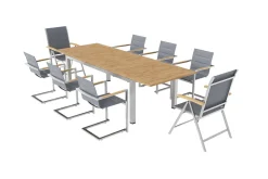 Outlet Garten-Essgruppe, silber, 200/300 x 100 cm, Edelstahl/Teak, Ausziehtisch, 6 Stühle padded, 2 Klappstühle, FSC®-zertifiziertes Produkt Garten-Essgruppen|Edelstahl-Gartenmöbel