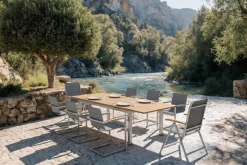 Outlet Garten-Essgruppe, silber, 200/300 x 100 cm, Edelstahl/Teak, Ausziehtisch, 6 Stühle padded, 2 Klappstühle, FSC®-zertifiziertes Produkt Garten-Essgruppen|Edelstahl-Gartenmöbel