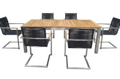 Garten-Essgruppe, silber/schwarz, Edelstahl/Teak, Ausziehtisch 200-300 x 100 cm, 6 Freischwinger, FSC®-zertifiziertes Produkt Garten-Essgruppen|Edelstahl-Gartenmöbel