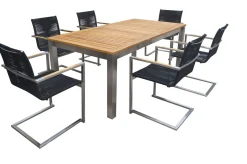 Garten-Essgruppe, silber/schwarz, Edelstahl/Teak, Ausziehtisch 200-300 x 100 cm, 6 Freischwinger, FSC®-zertifiziertes Produkt Garten-Essgruppen|Edelstahl-Gartenmöbel
