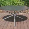 Online Garten-Essgruppe, silber/grau, Edelstahl/Glaskeramik/Textilene/Teak, Tisch Ø150cm, 5 Freischwinger, padded Garten-Essgruppen|Edelstahl-Gartenmöbel