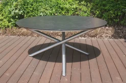 Online Garten-Essgruppe, silber/grau, Edelstahl/Glaskeramik/Textilene/Teak, Tisch Ø150cm, 5 Freischwinger, padded Garten-Essgruppen|Edelstahl-Gartenmöbel