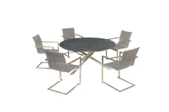 Online Garten-Essgruppe, silber/grau, Edelstahl/Glaskeramik/Textilene/Teak, Tisch Ø150cm, 5 Freischwinger, padded Garten-Essgruppen|Edelstahl-Gartenmöbel