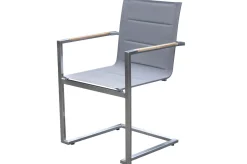 Online Garten-Essgruppe, silber/grau, Edelstahl/Glaskeramik/Textilene/Teak, Tisch Ø150cm, 5 Freischwinger, padded Garten-Essgruppen|Edelstahl-Gartenmöbel