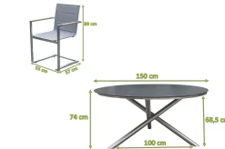 Online Garten-Essgruppe, silber/grau, Edelstahl/Glaskeramik/Textilene/Teak, Tisch Ø150cm, 5 Freischwinger, padded Garten-Essgruppen|Edelstahl-Gartenmöbel