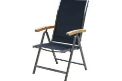 Sale Garten-Essgruppe, silber/schwarz, Edelstahl/Glaskeramik/Textilene/Teakholz, Tisch Ø150cm, 5 Klappstühle, verstellbar Garten-Essgruppen|Edelstahl-Gartenmöbel