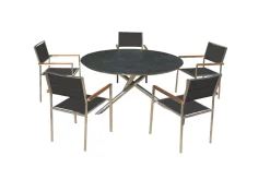 Hot Garten-Essgruppe, silber/schwarz, Edelstahl/Glaskeramik/Textilene/Teak, Tisch Ø150cm, 5 Stühle, padded Garten-Essgruppen