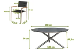 Hot Garten-Essgruppe, silber/schwarz, Edelstahl/Glaskeramik/Textilene/Teak, Tisch Ø150cm, 5 Stühle, padded Garten-Essgruppen