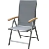 Online Garten-Essgruppe, silber/grau, Edelstahl/Glaskeramik/Textilene/Teakholz, Tisch Ø150cm, 5 Klappstühle, verstellbar Garten-Essgruppen