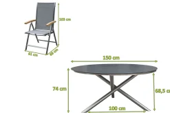 Online Garten-Essgruppe, silber/grau, Edelstahl/Glaskeramik/Textilene/Teakholz, Tisch Ø150cm, 5 Klappstühle, verstellbar Garten-Essgruppen