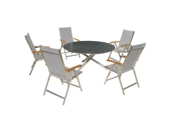 Online Garten-Essgruppe, silber/grau, Edelstahl/Glaskeramik/Textilene/Teakholz, Tisch Ø150cm, 5 Klappstühle, verstellbar Garten-Essgruppen