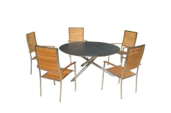 Outlet Garten-Essgruppe, silber/natur, Edelstahl/Glaskeramik/Teakholz, Tisch Ø150cm, 5 Stühle, FSC®-zertifiziertes Produkt Garten-Essgruppen