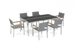 Sale Gartenessgruppe, Silber, Edelstahl/Glaskeramik, Tisch 200x100cm, 6 Stapelstühle, Bodenschoner Inklusive Garten-Essgruppen|Edelstahl-Gartenmöbel