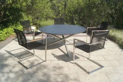 Hot Garten-Essgruppe, silber/schwarz, Edelstahl/Glaskeramik/Rope/Teak, Tisch Ø150cm, 5 Freischwinger Garten-Essgruppen|Edelstahl-Gartenmöbel