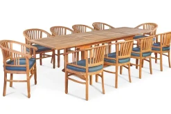 New Garten-Essgruppe, Teakholz, Ausziehtisch 195/295 x 90 cm, 10 Armlehnensessel, inkl. Polster Garten-Essgruppen|Teak-Gartenmöbel