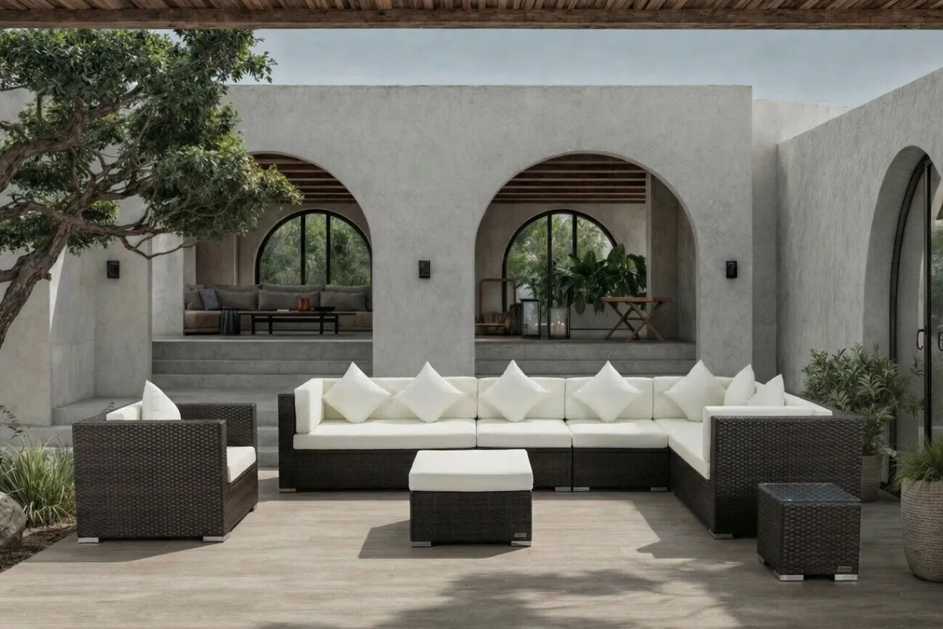 New Gartenlounge, braun marmoriert, Polyrattan, 8 Pers, wasserfeste Kissenbox, inkl. Beistelltisch Polyrattan-Gartenmöbel|Gartenlounge