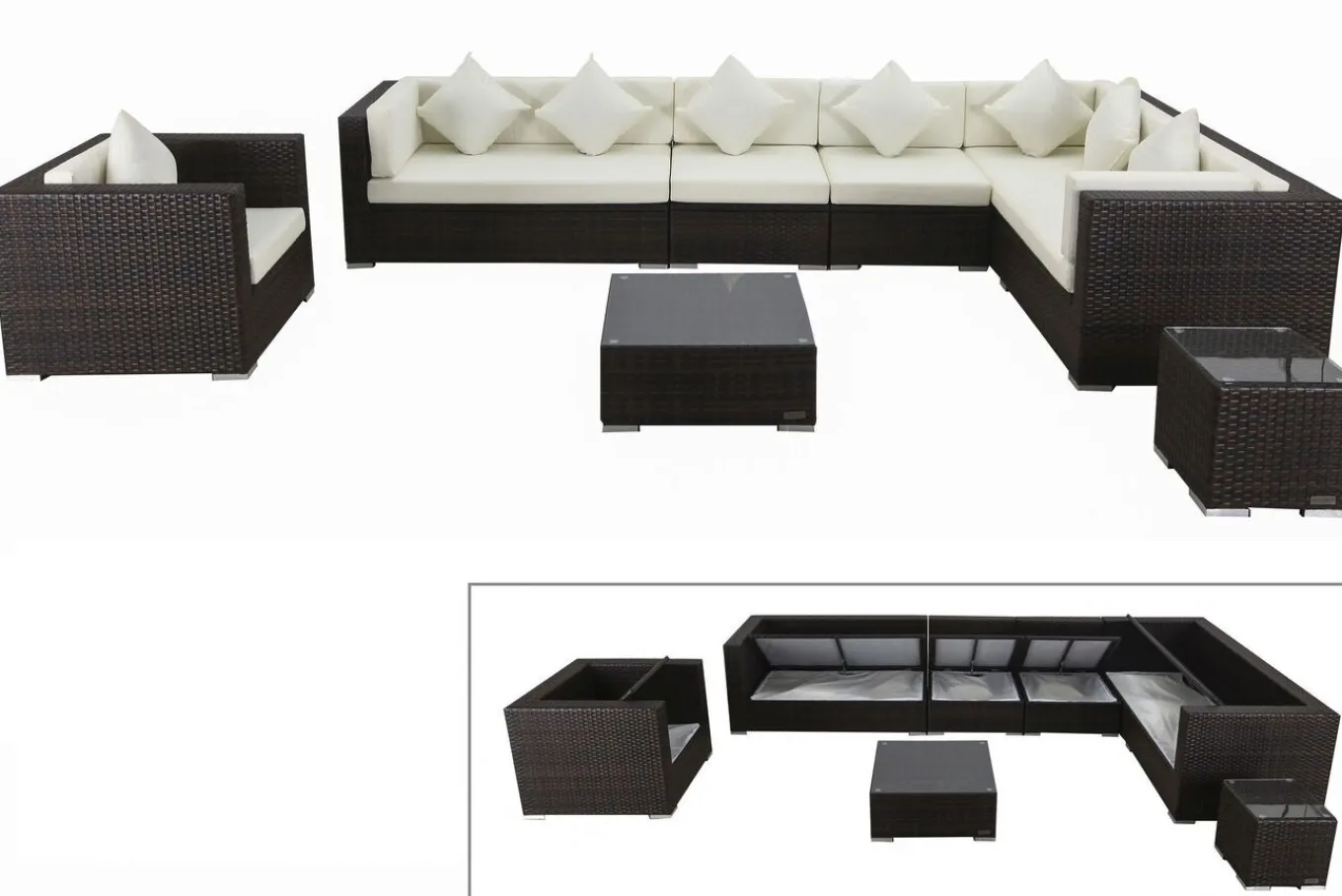 New Gartenlounge, braun marmoriert, Polyrattan, 8 Pers, wasserfeste Kissenbox, inkl. Beistelltisch Polyrattan-Gartenmöbel|Gartenlounge