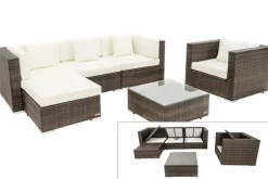 Sale Gartenlounge, braun marmoriert, Polyrattan, 5 Pers, wasserfeste Kissenbox, inkl. Beistelltisch Polyrattan-Gartenmöbel|Gartenlounge