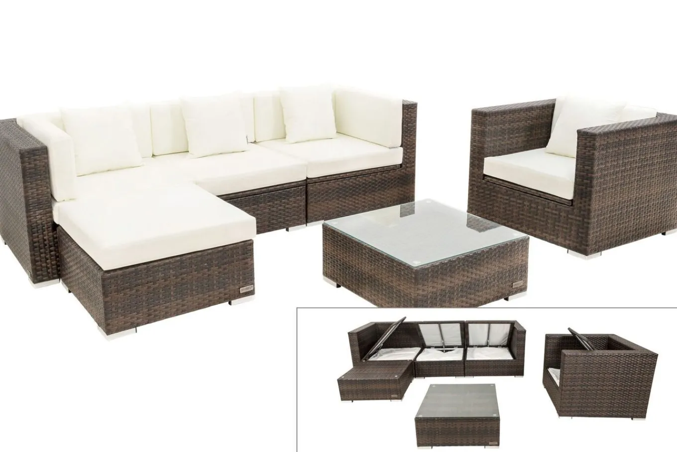 Sale Gartenlounge, braun marmoriert, Polyrattan, 5 Pers, wasserfeste Kissenbox, inkl. Beistelltisch Polyrattan-Gartenmöbel|Gartenlounge