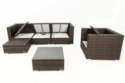 Sale Gartenlounge, braun marmoriert, Polyrattan, 5 Pers, wasserfeste Kissenbox, inkl. Beistelltisch Polyrattan-Gartenmöbel|Gartenlounge