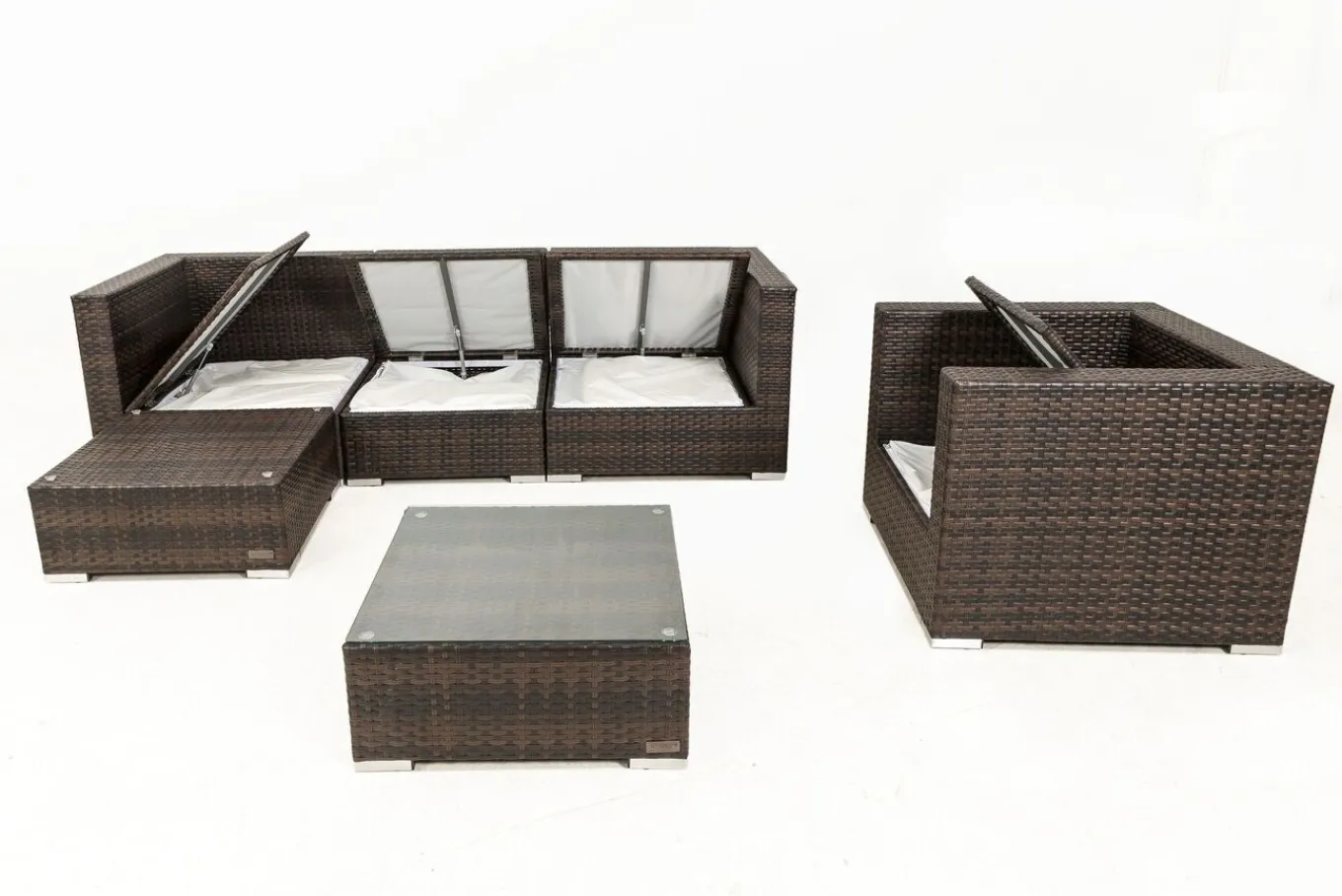Sale Gartenlounge, braun marmoriert, Polyrattan, 5 Pers, wasserfeste Kissenbox, inkl. Beistelltisch Polyrattan-Gartenmöbel|Gartenlounge