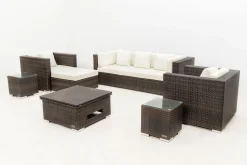 Gartenlounge, braun marmoriert, Polyrattan, 6 Pers, wasserfeste Kissenbox, inkl. Loungetisch Polyrattan-Gartenmöbel|Gartenlounge