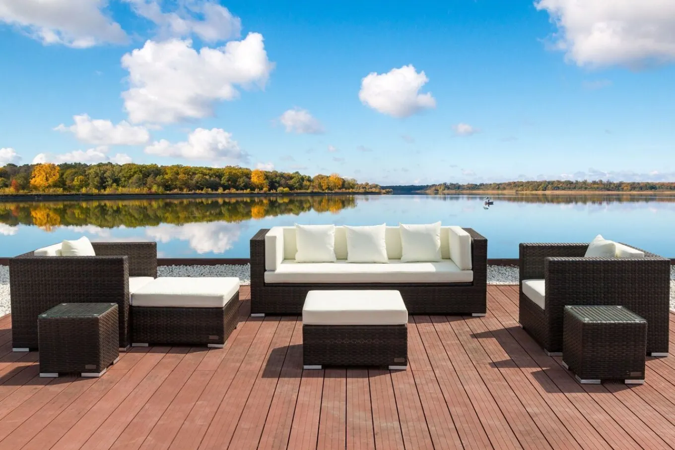 Discount Gartenlounge, braun marmoriert, Polyrattan, 6 Pers, wasserfeste Kissenbox, inkl. Beistelltisch Polyrattan-Gartenmöbel|Gartenlounge