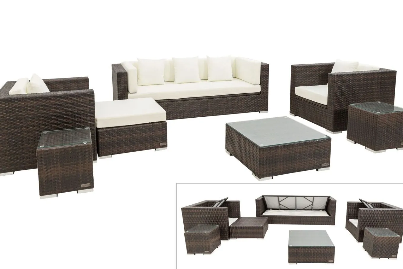 Discount Gartenlounge, braun marmoriert, Polyrattan, 6 Pers, wasserfeste Kissenbox, inkl. Beistelltisch Polyrattan-Gartenmöbel|Gartenlounge