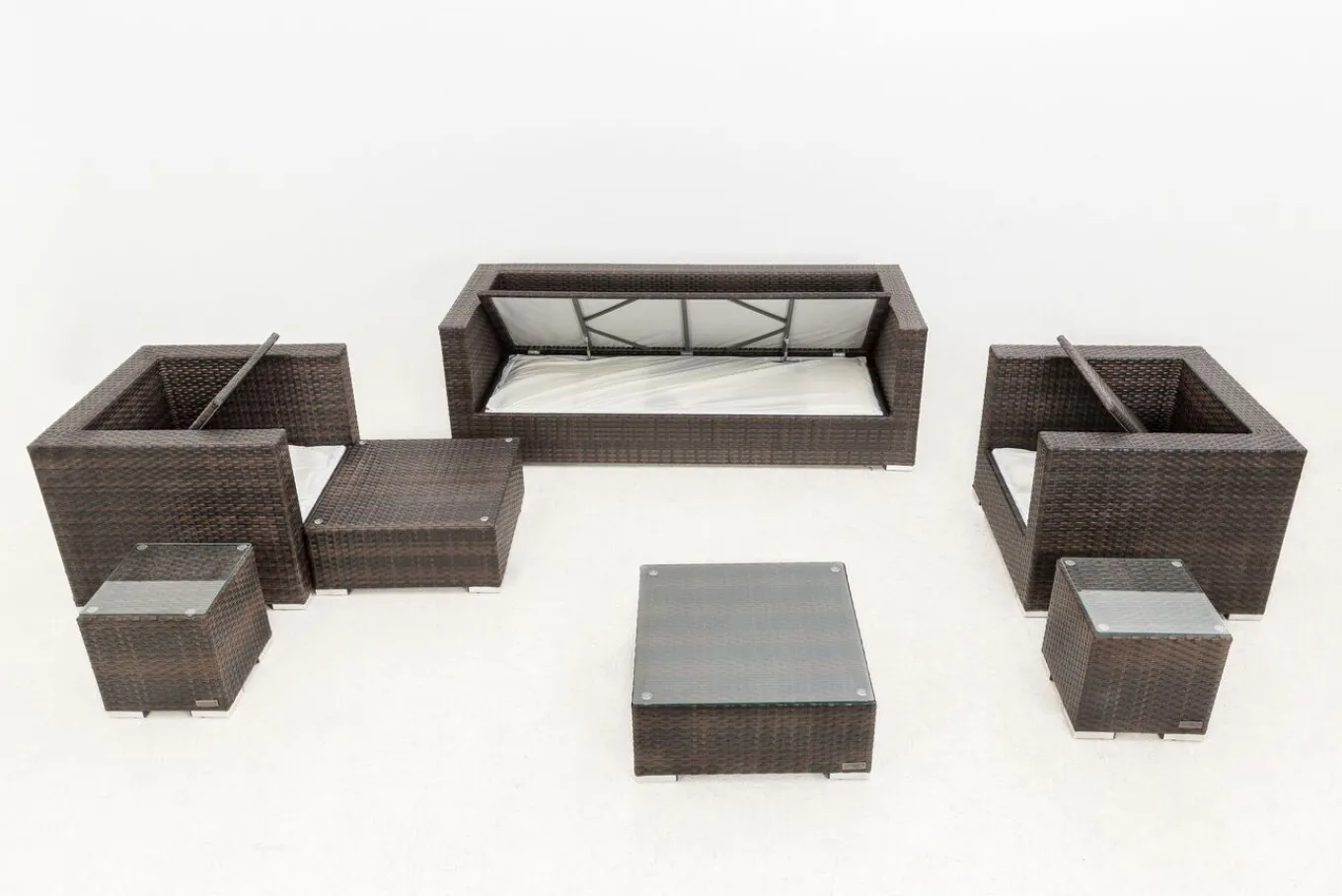 Discount Gartenlounge, braun marmoriert, Polyrattan, 6 Pers, wasserfeste Kissenbox, inkl. Beistelltisch Polyrattan-Gartenmöbel|Gartenlounge