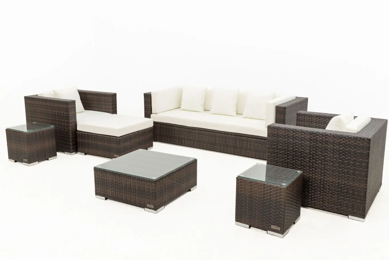 Discount Gartenlounge, braun marmoriert, Polyrattan, 6 Pers, wasserfeste Kissenbox, inkl. Beistelltisch Polyrattan-Gartenmöbel|Gartenlounge