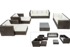 Sale Gartenlounge, braun marmoriert, Polyrattan, 9 Pers, wasserfeste Kissenbox, inkl. Beistelltisch Polyrattan-Gartenmöbel|Gartenlounge