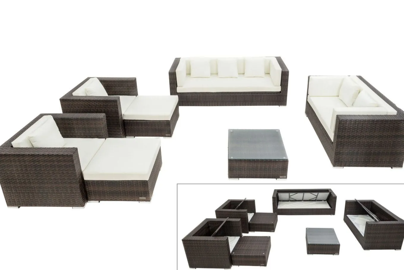 Sale Gartenlounge, braun marmoriert, Polyrattan, 9 Pers, wasserfeste Kissenbox, inkl. Beistelltisch Polyrattan-Gartenmöbel|Gartenlounge