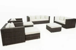 Sale Gartenlounge, braun marmoriert, Polyrattan, 9 Pers, wasserfeste Kissenbox, inkl. Beistelltisch Polyrattan-Gartenmöbel|Gartenlounge