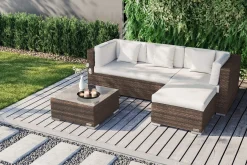 New Gartenlounge, braun marmoriert, 5 Pers, Polyrattan, wasserfeste Kissenbox Polyrattan-Gartenmöbel|Gartenlounge