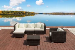 Online Gartenlounge, braun marmoriert, Polyrattan, 5 Pers, wasserfeste Kissenbox, inkl. Loungetisch Polyrattan-Gartenmöbel|Gartenlounge