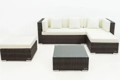 Online Gartenlounge, braun marmoriert, 5 Pers, Polyrattan, wasserfeste Kissenbox, inkl. Beistelltisch Polyrattan-Gartenmöbel|Gartenlounge