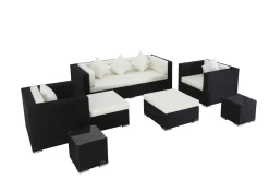Outlet Gartenlounge, creme/weiß, schwarz, Polyrattan, für 6 Personen, inkl. Kaffeetisch, wasserfeste Kissenbox Polyrattan-Gartenmöbel|Gartenlounge