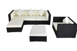 Gartenlounge, creme/weiß, schwarz, Polyrattan, für 5 Personen, inkl. Kaffeetisch, Kissenboxfunktion Polyrattan-Gartenmöbel|Gartenlounge