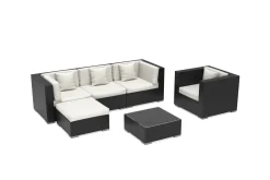 Gartenlounge, creme/weiß, schwarz, Polyrattan, für 5 Personen, inkl. Kaffeetisch, Kissenboxfunktion Polyrattan-Gartenmöbel|Gartenlounge