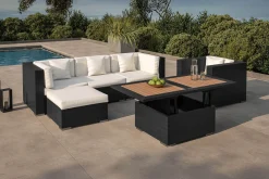 Hot Gartenlounge, creme/weiß, schwarz, Polyrattan, 5 Personen, inkl. Loungetisch, wasserfeste Kissenbox Polyrattan-Gartenmöbel|Gartenlounge