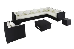 Sale Gartenlounge, creme/weiß, schwarz, Polyrattan, für 8 Personen, inkl. Loungetisch, wasserfeste Kissenbox Polyrattan-Gartenmöbel|Gartenlounge