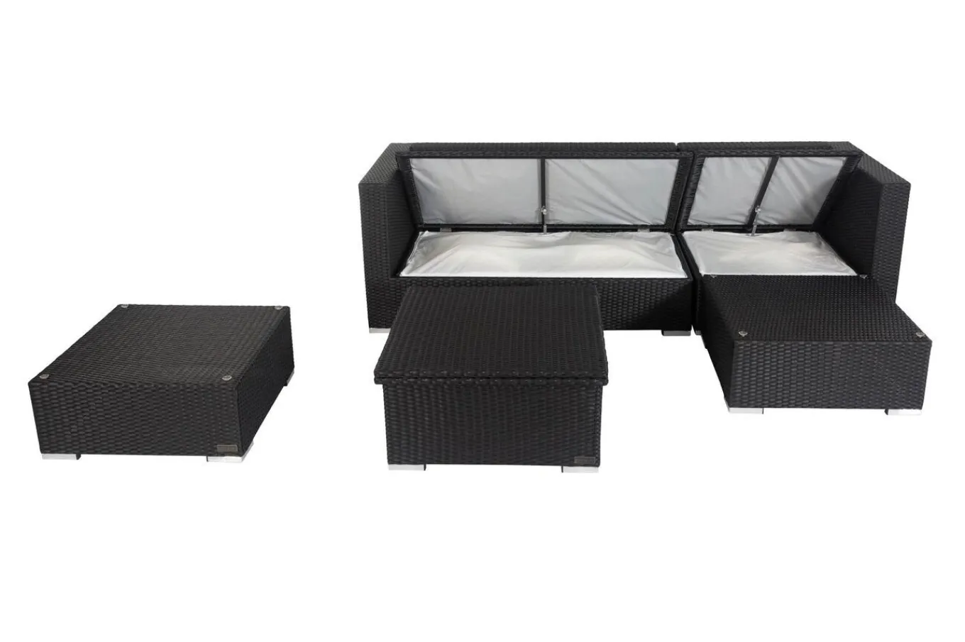 Online Gartenlounge, creme/weiß, schwarz, Polyrattan, 5 Personen, wasserfeste Kissenbox, inkl. Loungetisch Polyrattan-Gartenmöbel|Gartenlounge