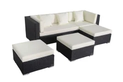 Online Gartenlounge, creme/weiß, schwarz, Polyrattan, 5 Personen, wasserfeste Kissenbox, inkl. Loungetisch Polyrattan-Gartenmöbel|Gartenlounge