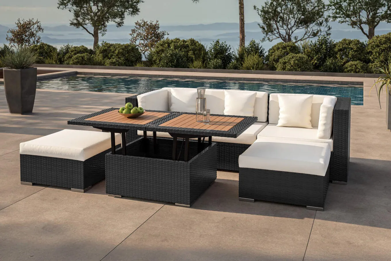 Online Gartenlounge, creme/weiß, schwarz, Polyrattan, 5 Personen, wasserfeste Kissenbox, inkl. Loungetisch Polyrattan-Gartenmöbel|Gartenlounge
