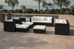 Clearance Gartenlounge, creme/weiß, creme/weiß, schwarz, Polyrattan, für 9, inkl. Kaffeetisch, wasserfeste Kissenbox Personen Polyrattan-Gartenmöbel|Gartenlounge