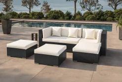 Outlet Gartenlounge, creme/weiß, schwarz, Polyrattan, 5 Personen, wasserfeste Kissenbox, inkl. Kaffeetisch Polyrattan-Gartenmöbel|Gartenlounge