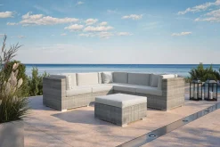 Discount Gartenlounge für 5 Personen, 6-teilig, desert-beige, Alu/Polyrattan, mit Kissenboxfunktion, modular verstellbar Gartenlounge|Aluminium-Gartenmöbel