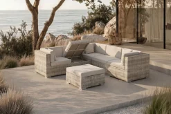 Discount Gartenlounge für 5 Personen, 6-teilig, desert-beige, Alu/Polyrattan, mit Kissenboxfunktion, modular verstellbar Gartenlounge|Aluminium-Gartenmöbel