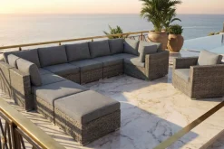 Gartenlounge, grau, Polyrattan, 10 Personen, mit Sessel, verstellbare Sitzflächen, wasserfeste Kissenbox Polyrattan-Gartenmöbel|Gartenlounge